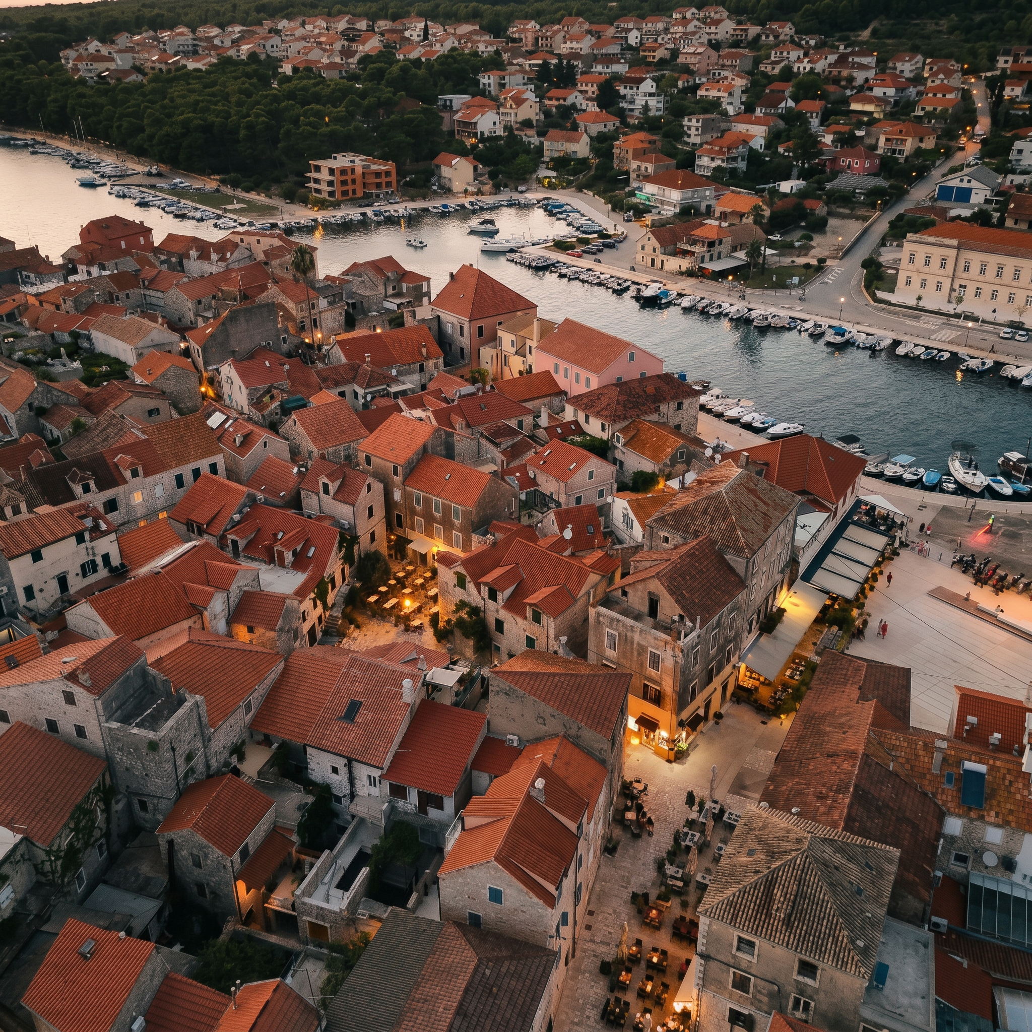 Stari Grad and the Adriatic shoreline at golden hour