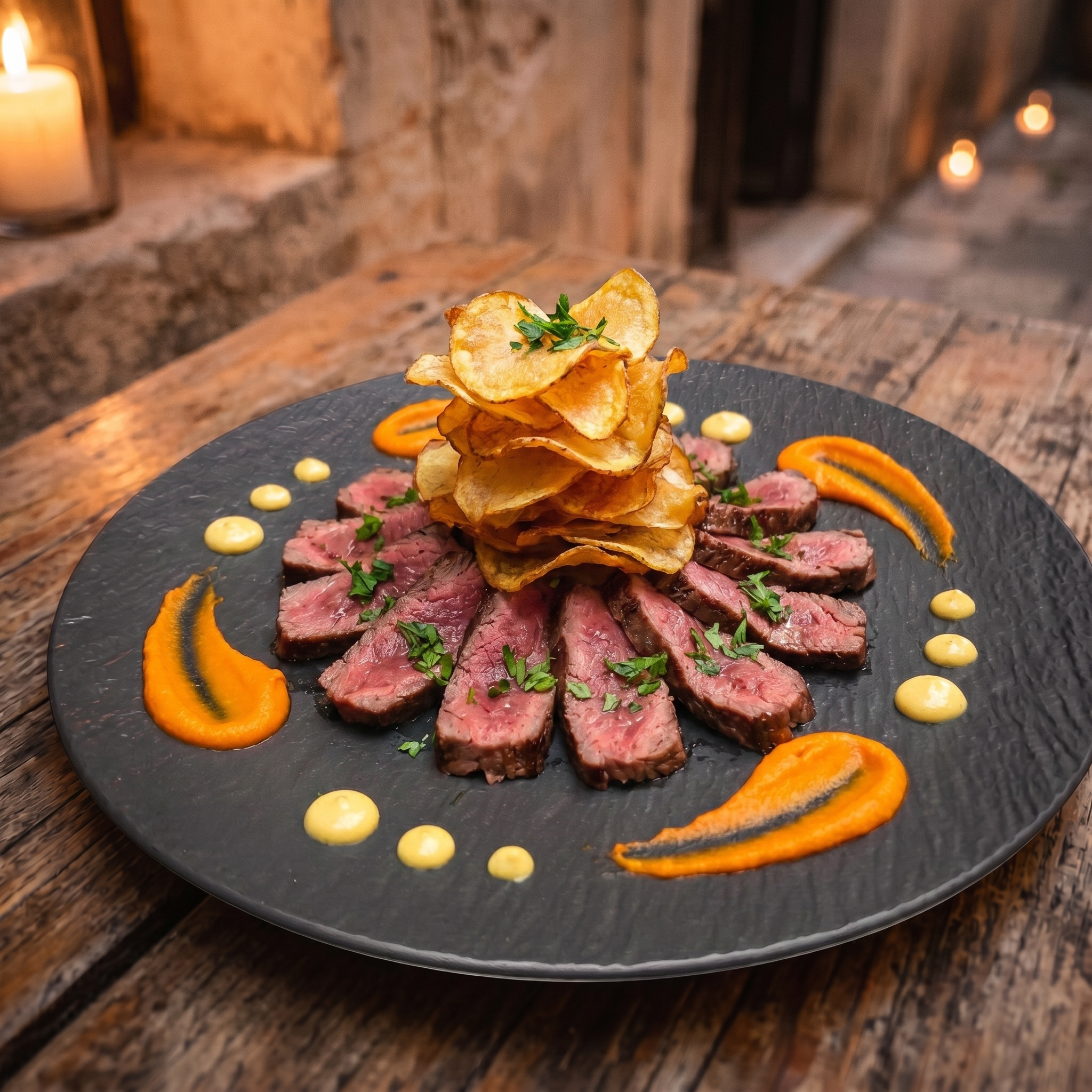 Steak Tagliata — sliced sirloin with potato tower